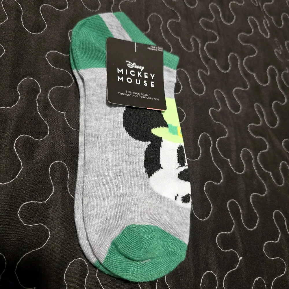 Disney Mickey Mouse Stitch St Patricks Day Ankle Socks 2 Pair‎ NWT Size 4-10